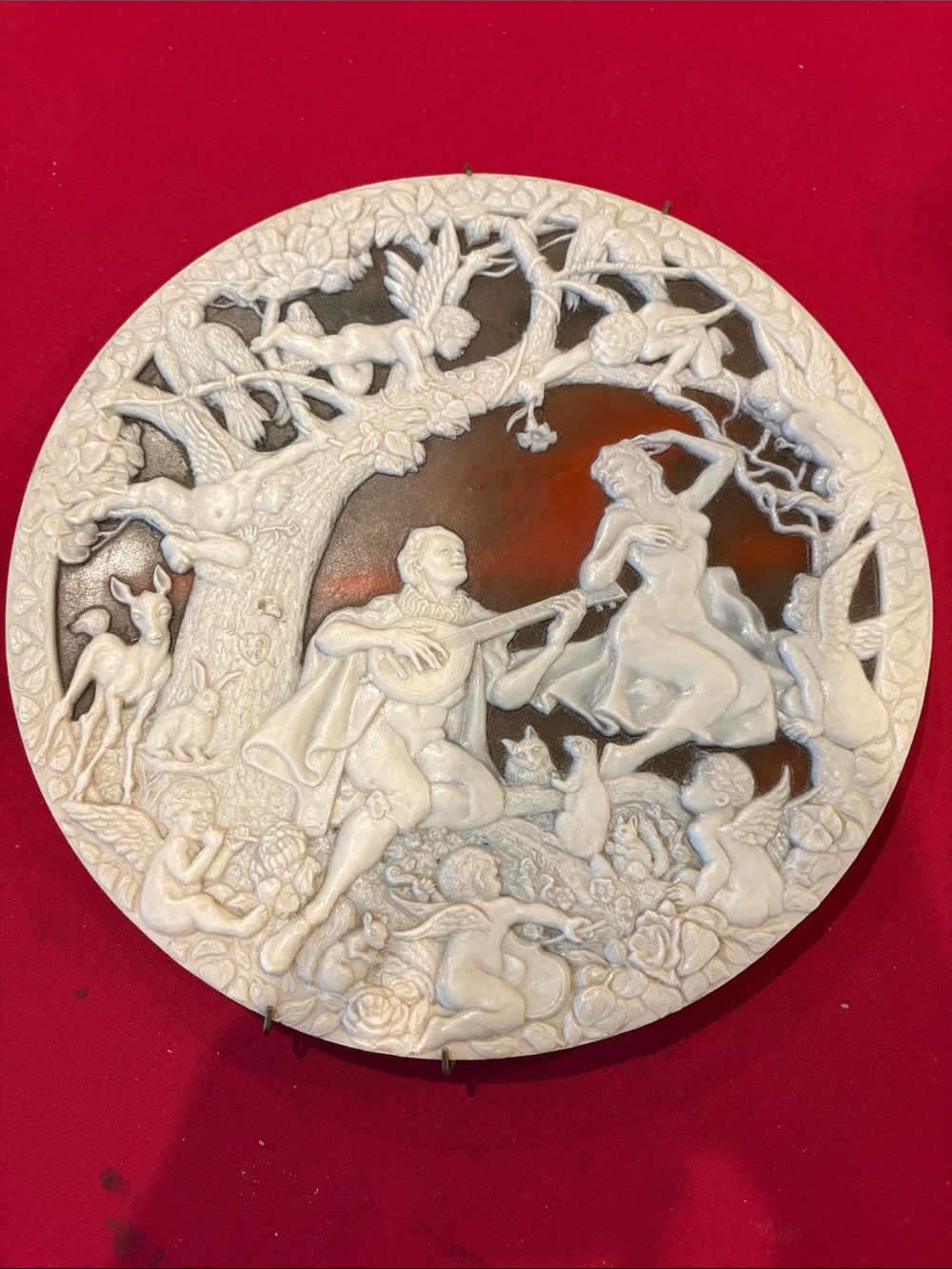 Ivory and Brown Round Relief Wall Sculpture - Classic Romantic Scene breakable
